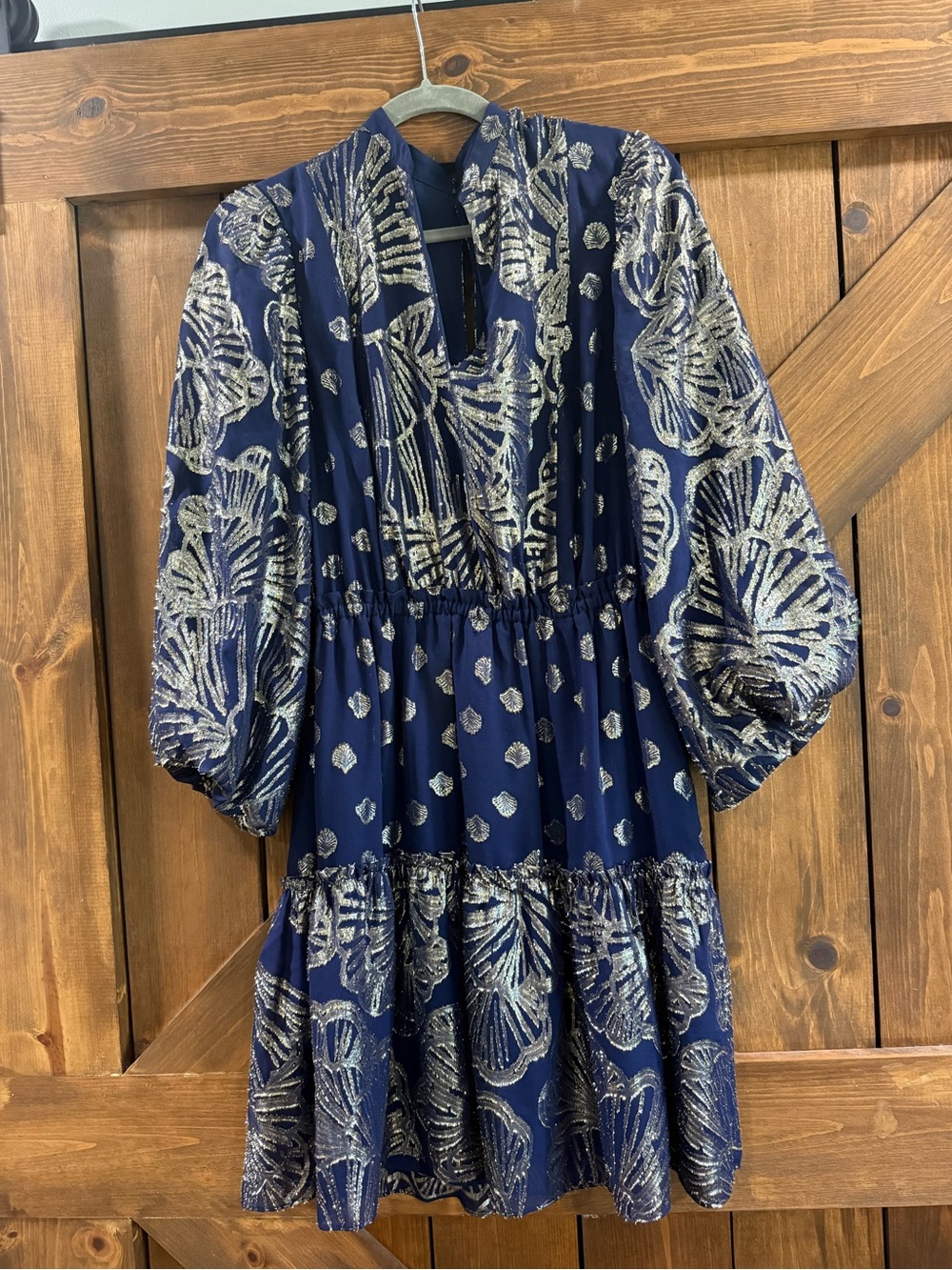 Lilly Pulitzer Navy and Gold Metallic Shell-Print Tiered Dress